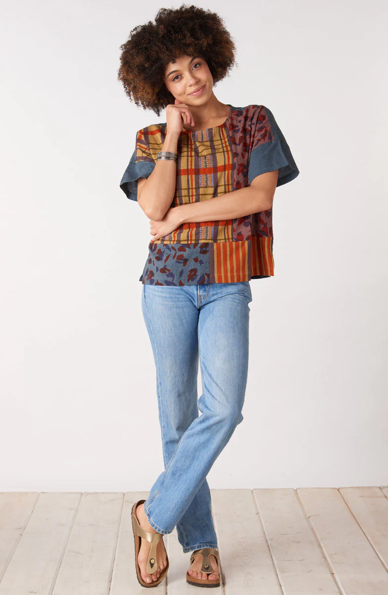 Shalini Mixed Print Popover Boxy Top - Blue/Multi - Image 5