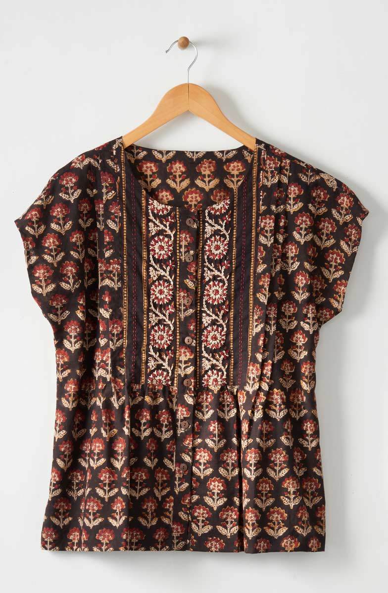Shalu Cap Sleeve Button-Down Top - Black/Multi - Image 4