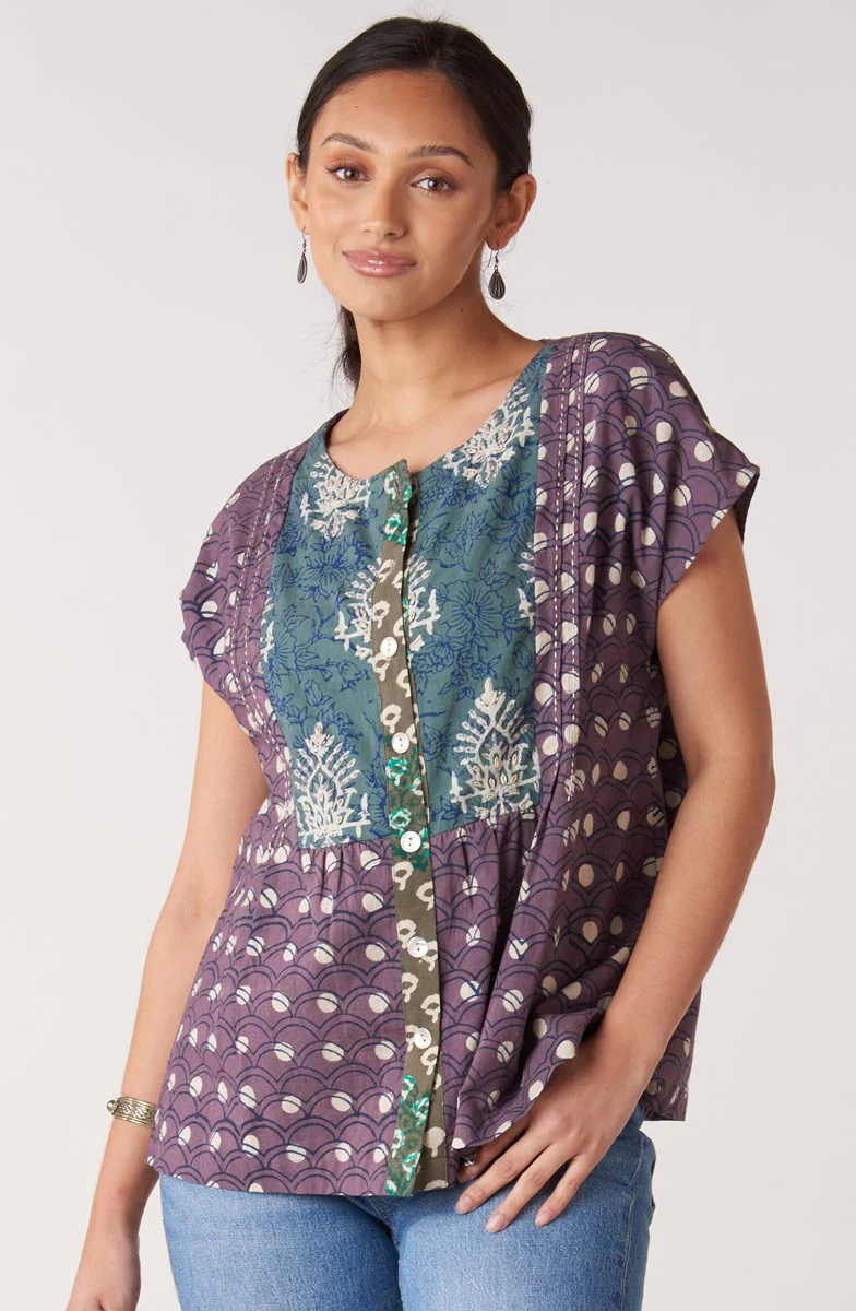 Shalu Cap Sleeve Button-Down Top - Plum/Multi