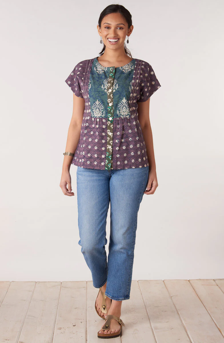 Shalu Cap Sleeve Button-Down Top - Plum/Multi - Image 5