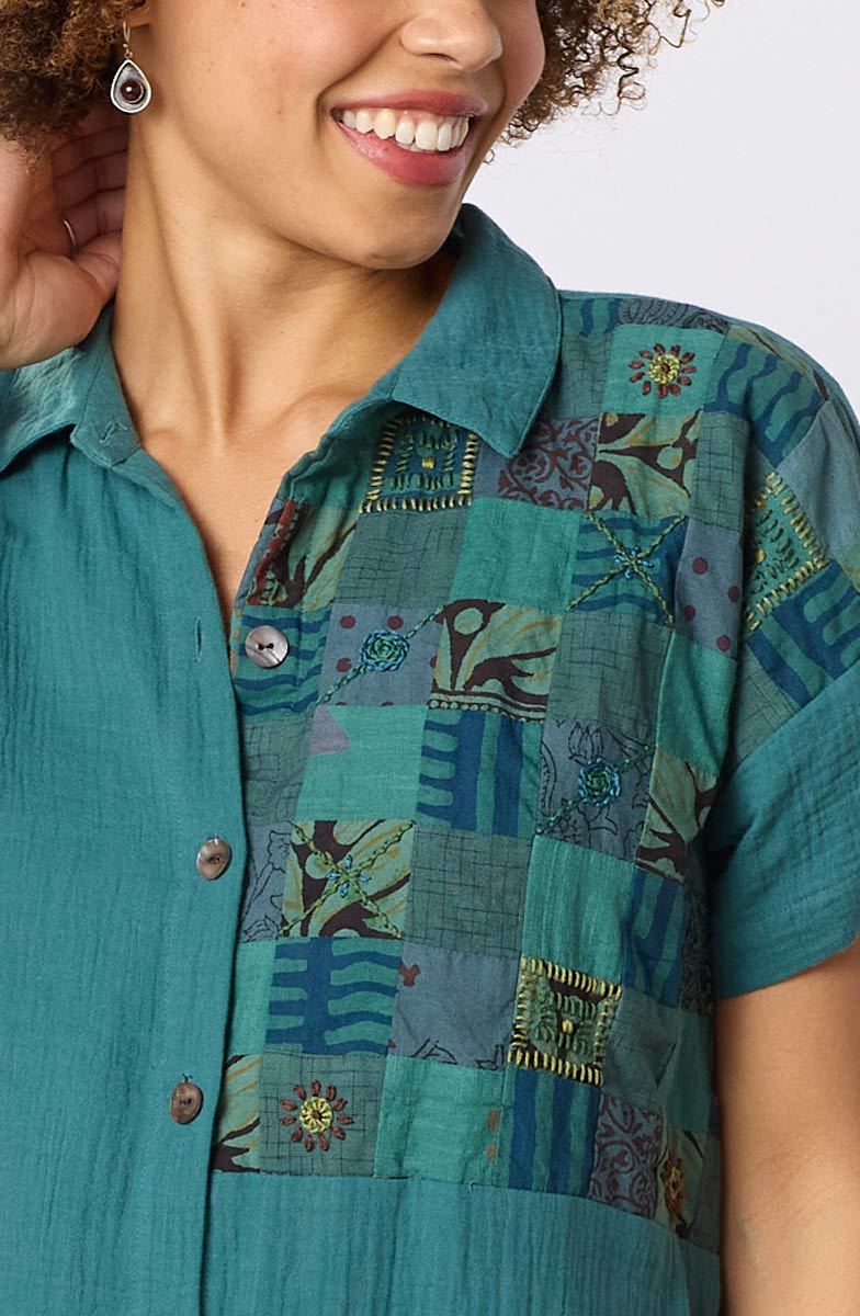 Shireen Cotton Double Gauze Upcycled Patchwork Shirt Dress - Dusty teal/Chindi - Image 3