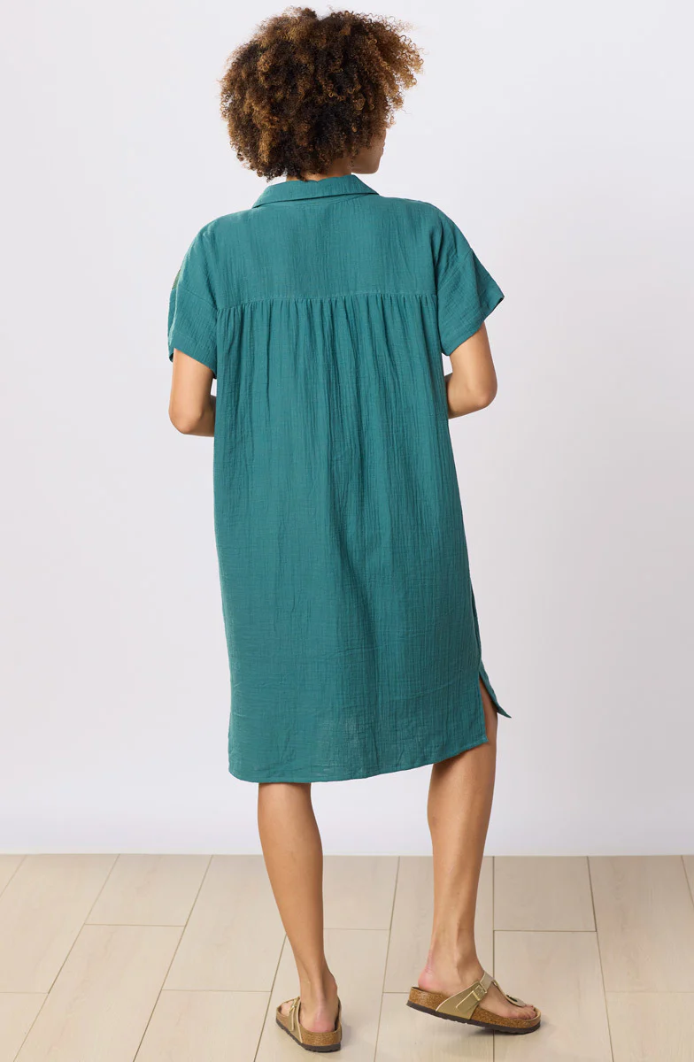 Shireen Cotton Double Gauze Upcycled Patchwork Shirt Dress - Dusty teal/Chindi - Image 4