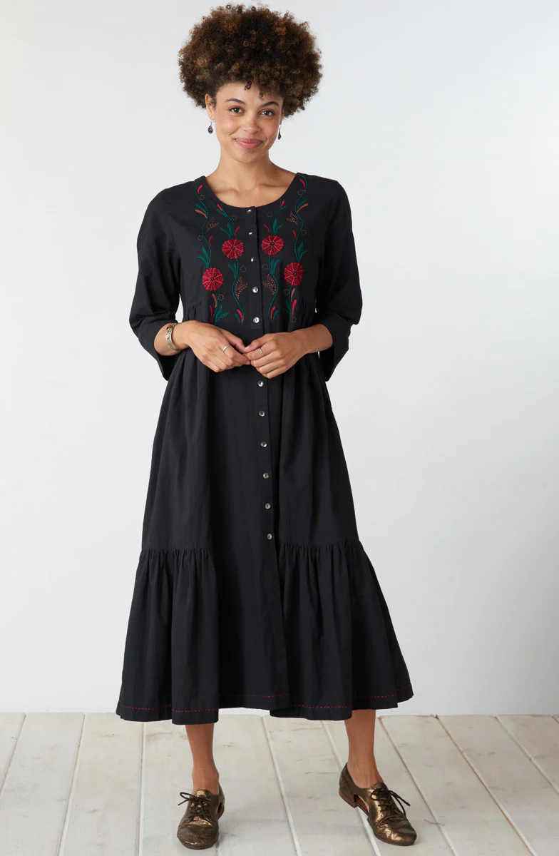 Shiroda Embroidered Organic Cotton Tiered Dress - Black - Image 4