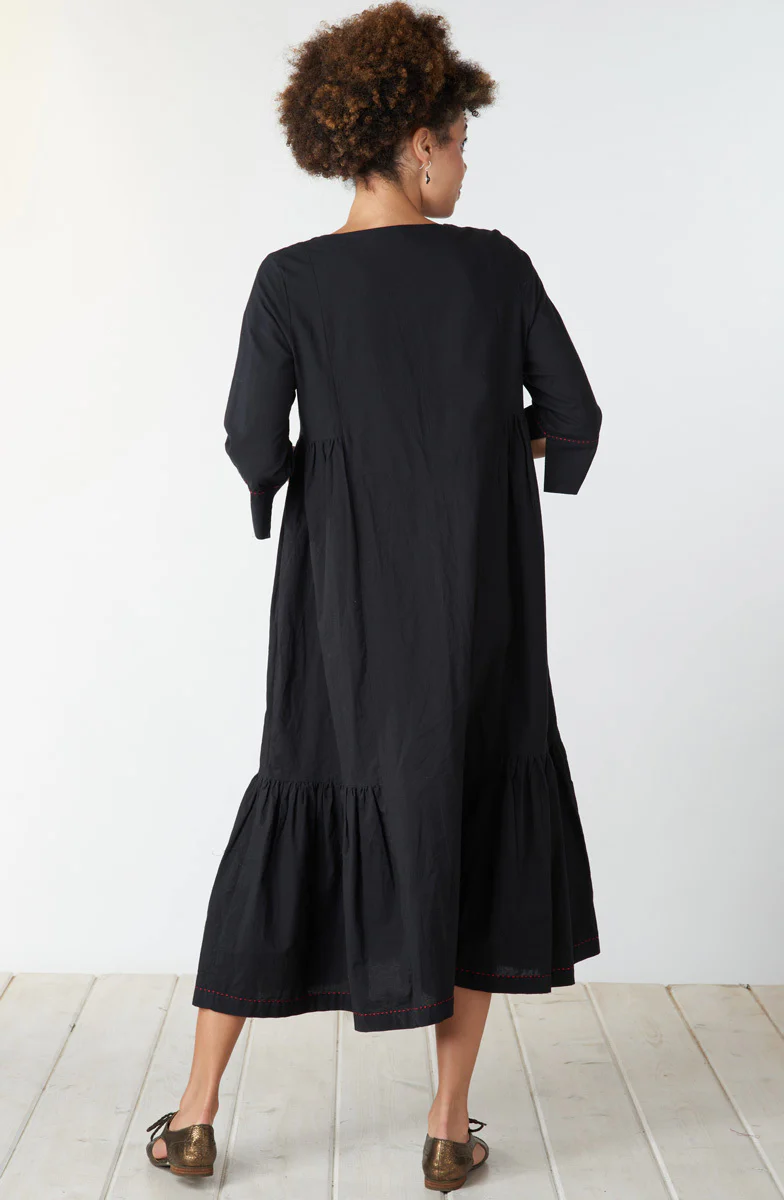 Shiroda Embroidered Organic Cotton Tiered Dress - Black - Image 5