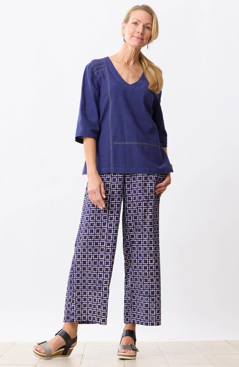 Shubha Flat-Front Pull-On Pant - Dark celestial/White