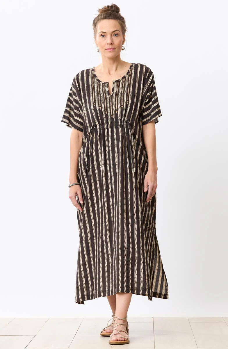 Sindhu Natural Dye Notch-Neck Kaftan - Black/Natural - Image 3
