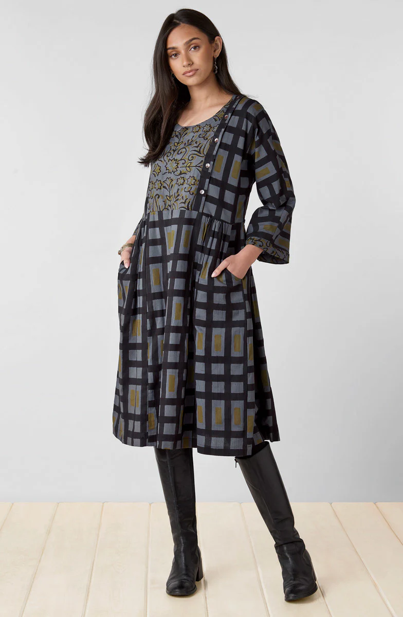 Tanuja Mixed Print Scoop-Neck Dress - Blue/Grey