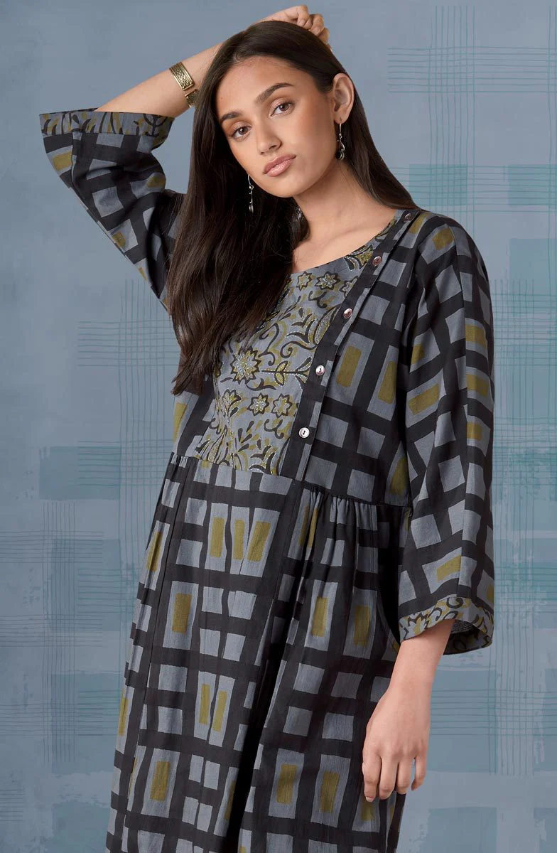 Tanuja Mixed Print Scoop-Neck Dress - Blue/Grey - Image 3