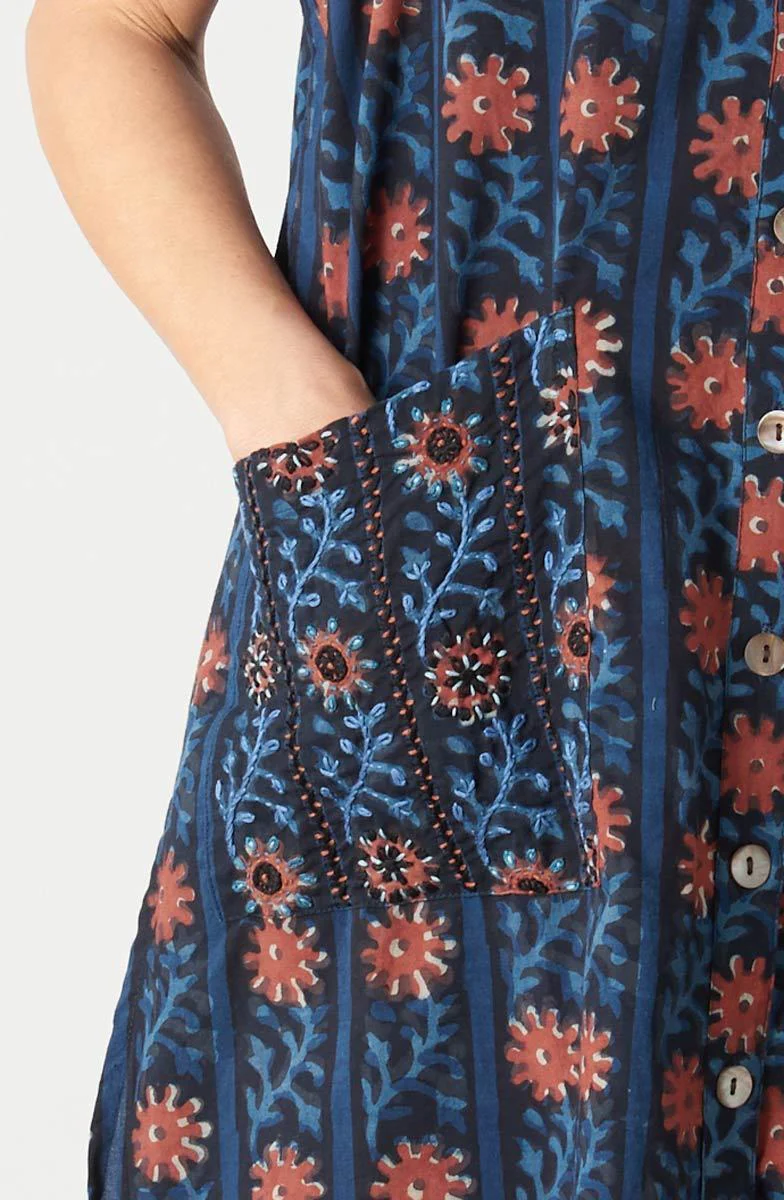 Tanvi Sleeveless Button-Down Long Vest - Indigo/Multi - Image 3
