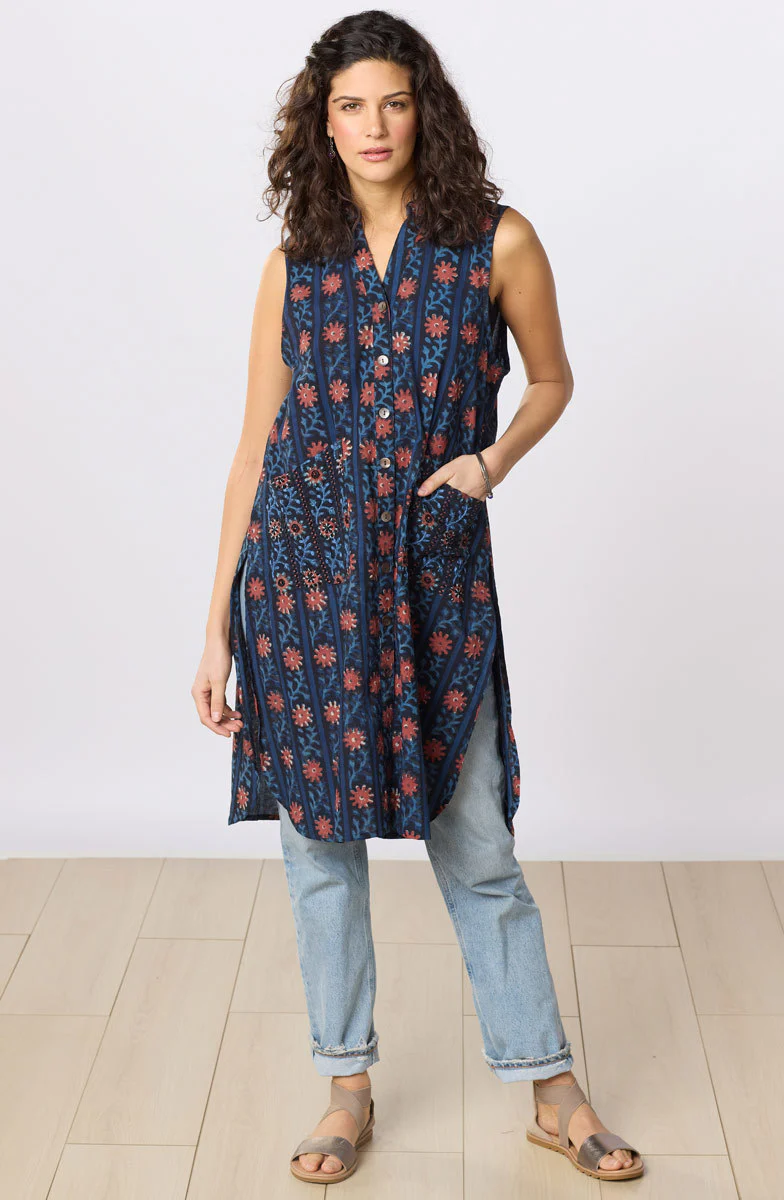 Tanvi Sleeveless Button-Down Long Vest - Indigo/Multi - Image 5