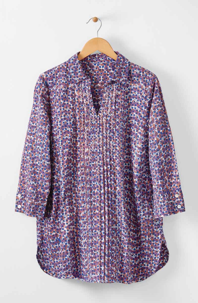 Tasneem Pullover Pleated Notch-Neck Top - Cobalt/Multi