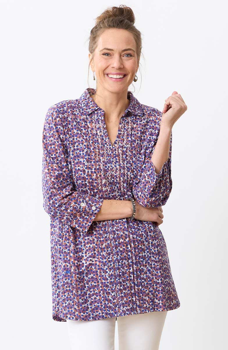 Tasneem Pullover Pleated Notch-Neck Top - Cobalt/Multi - Image 3