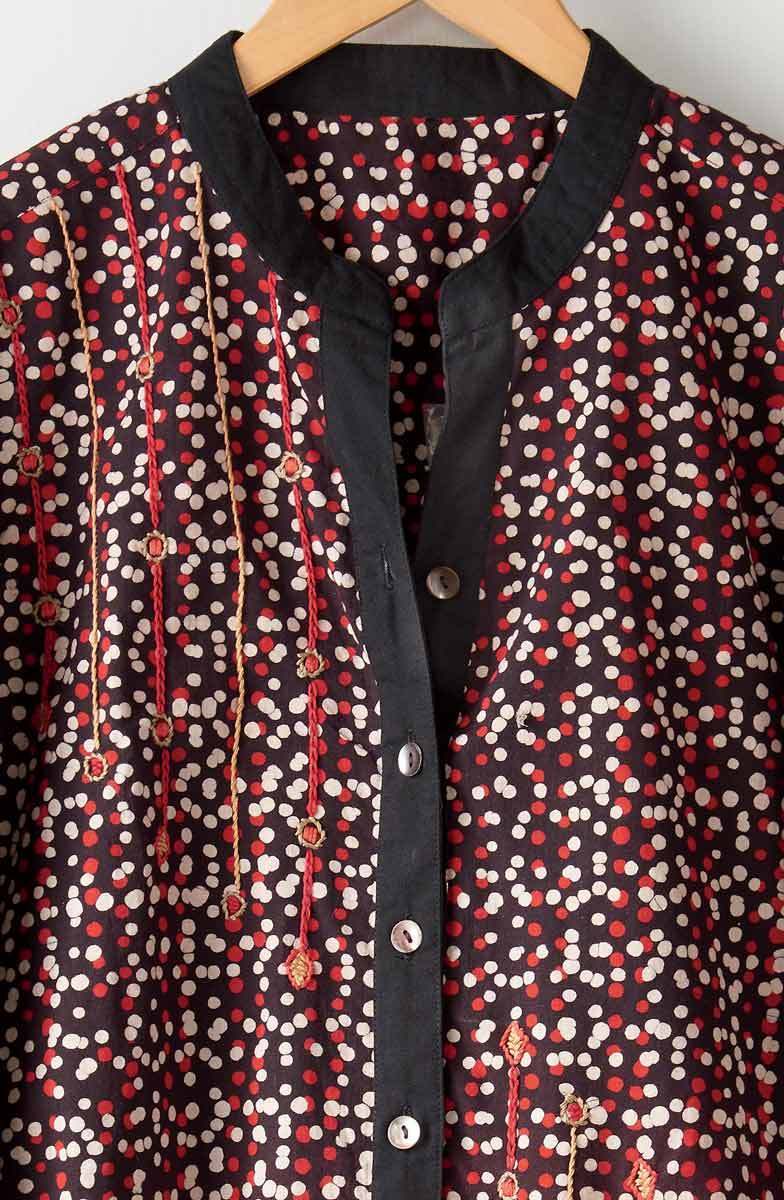 Tohana Band Collar Button-Down Shirt - Black/Multi - Image 3