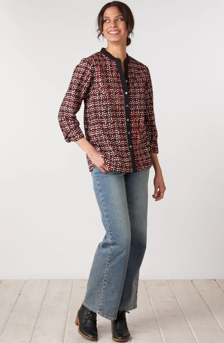 Tohana Band Collar Button-Down Shirt - Black/Multi - Image 5