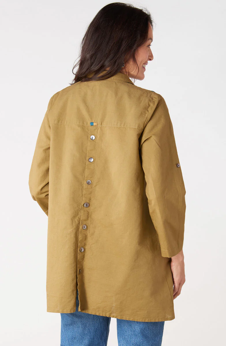 Trishna Linen Cotton Roll-Sleeve Shirt Jacket - Algae green - Image 3