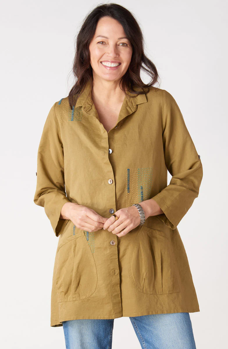 Trishna Linen Cotton Roll-Sleeve Shirt Jacket - Algae green - Image 5