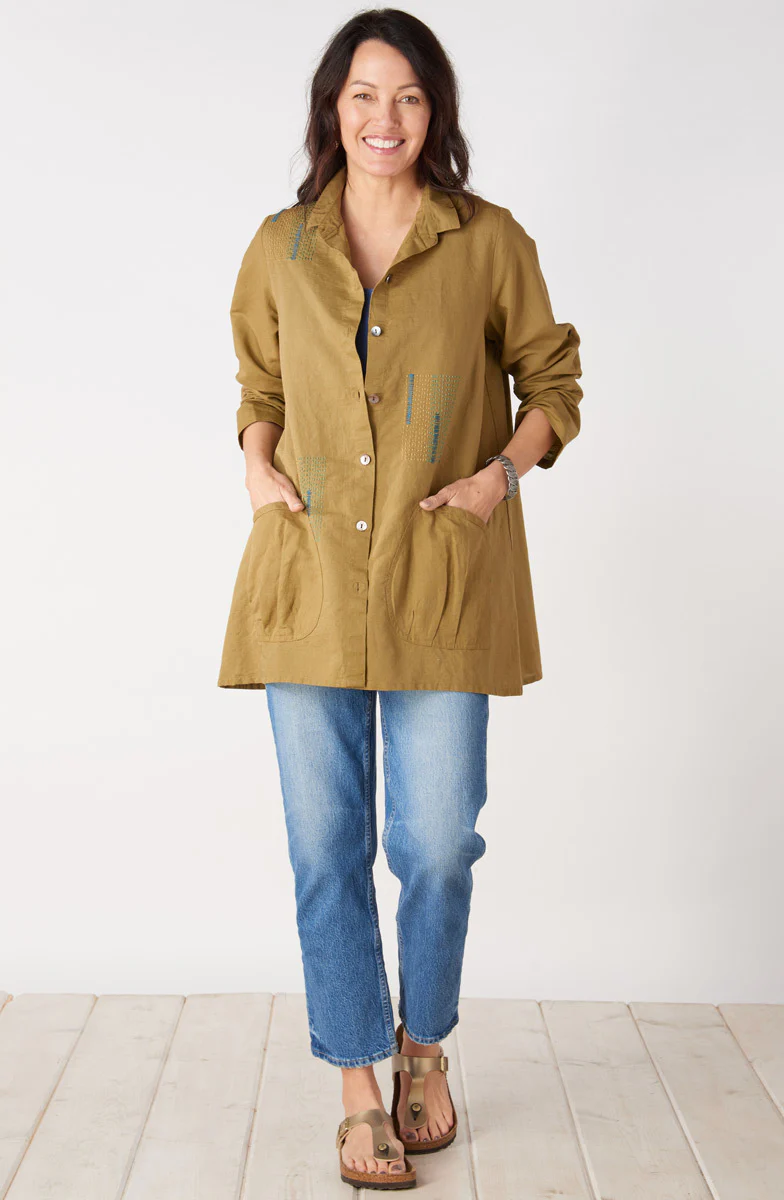 Trishna Linen Cotton Roll-Sleeve Shirt Jacket - Algae green - Image 7
