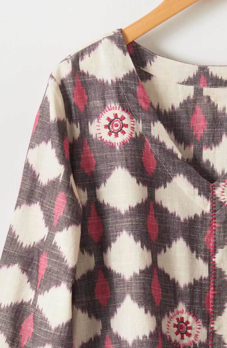 V-neck Divya 3/4-Sleeve Popover Top - Natural/Pink/Grey - Image 3