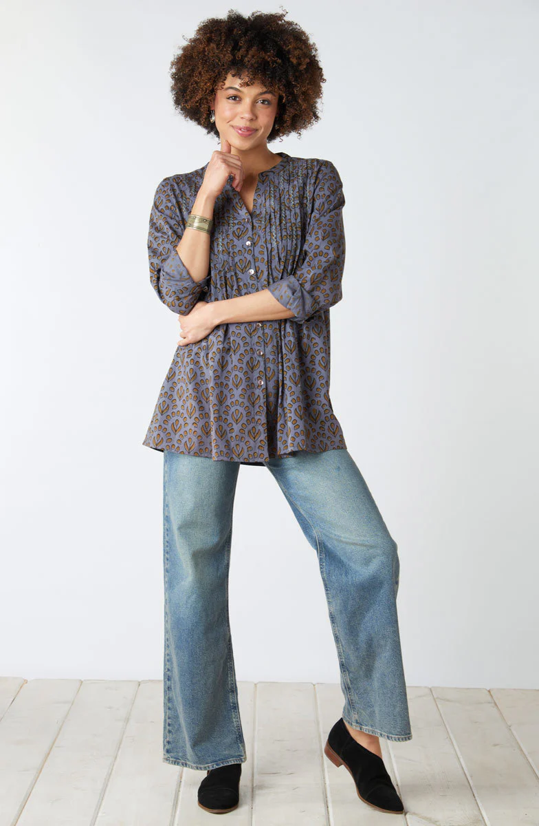 Vaishali Pleated Button-Down Tunic - Blue/Grey - Image 5