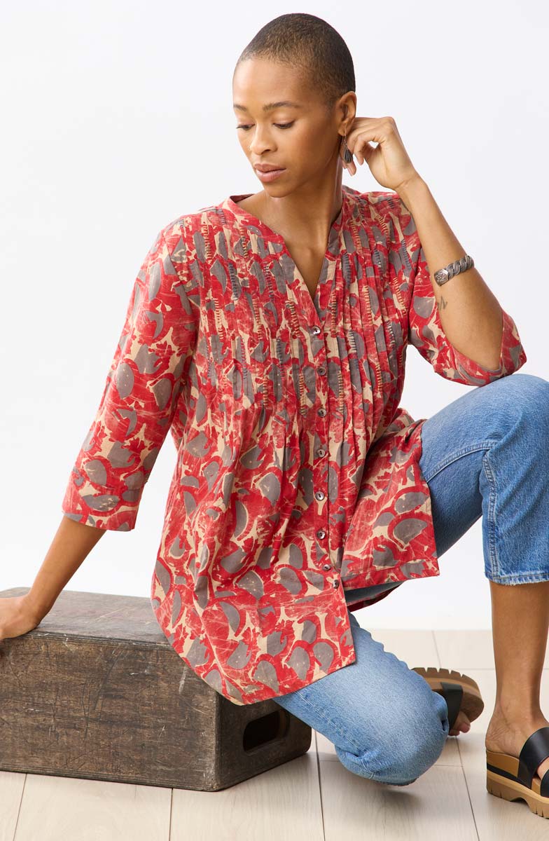 Vaishali Pleated Button-Down Tunic - Red/Cumin - Image 5