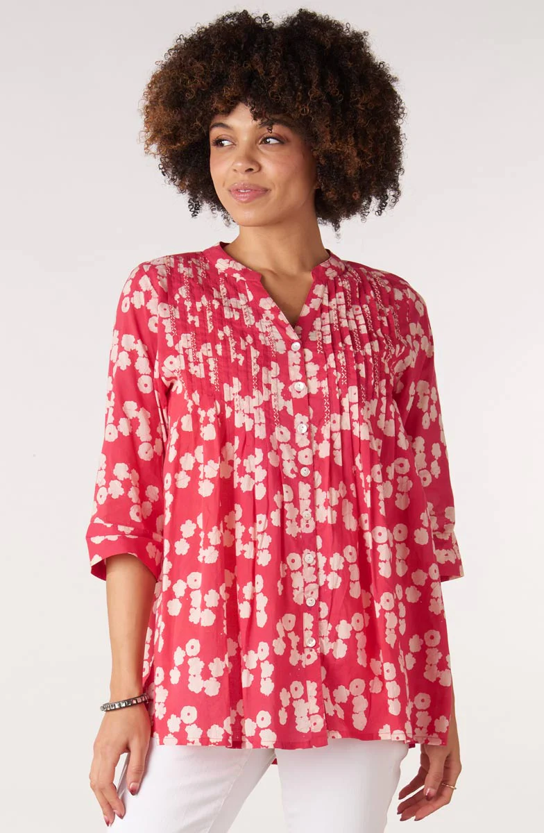 Vaishali Pleated Button-Down Tunic - Punch