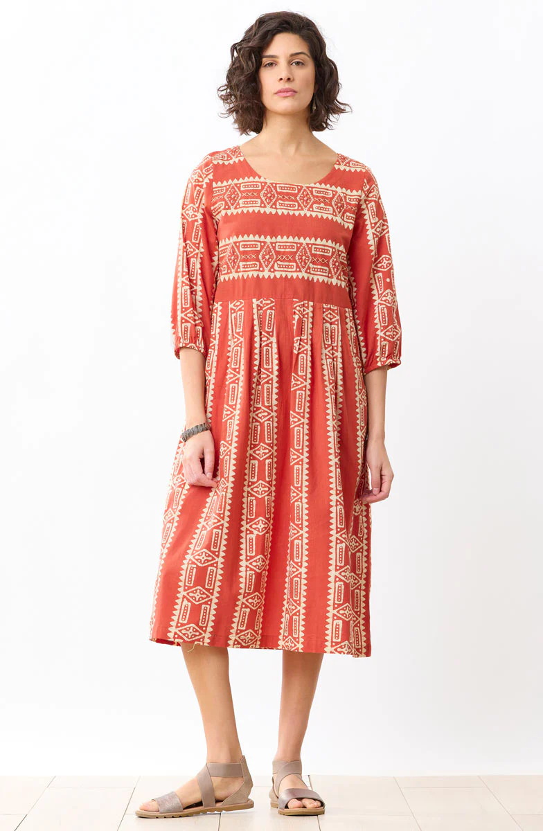 Vasuda Batik Print Midi Dress - Fire red/Straw