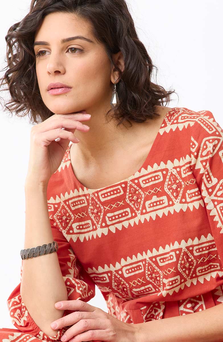 Vasuda Batik Print Midi Dress - Fire red/Straw - Image 3