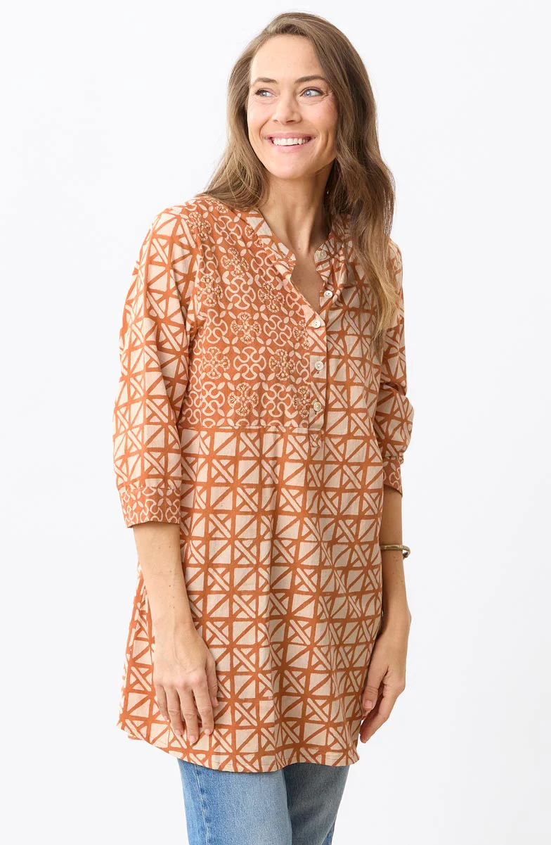 Vibha 3/4-Sleeve Band Collar Tunic - Copper