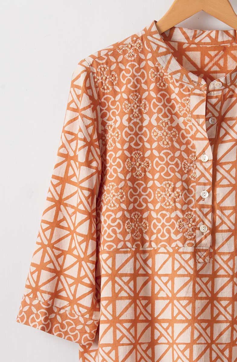 Vibha 3/4-Sleeve Band Collar Tunic - Copper - Image 2