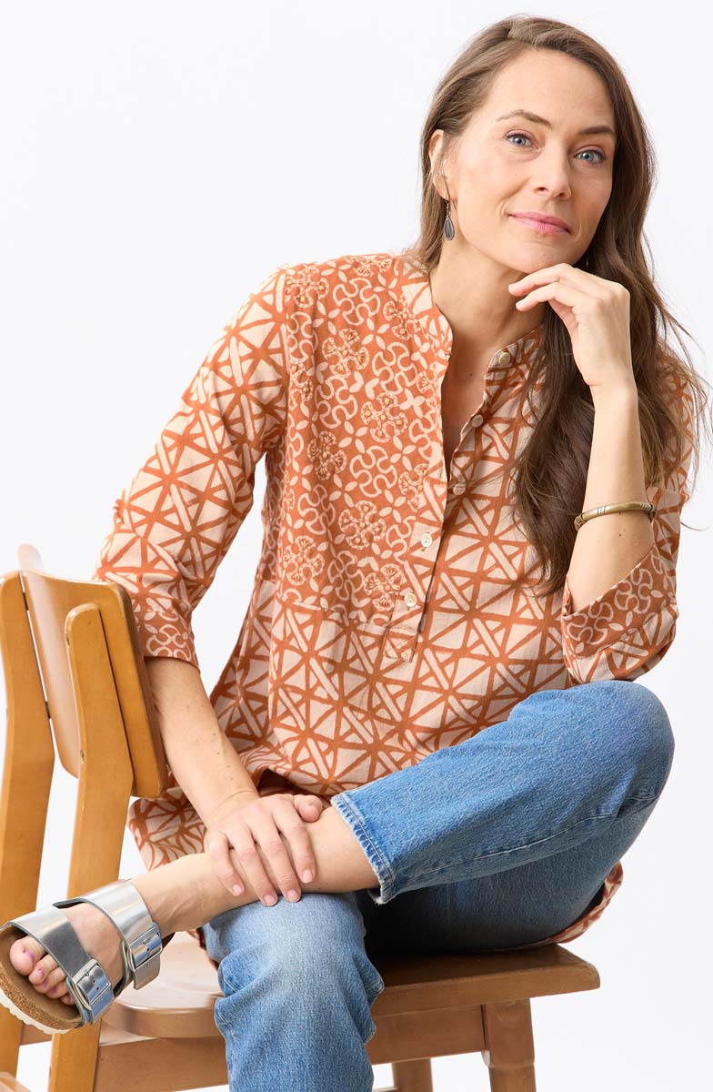 Vibha 3/4-Sleeve Band Collar Tunic - Copper - Image 3
