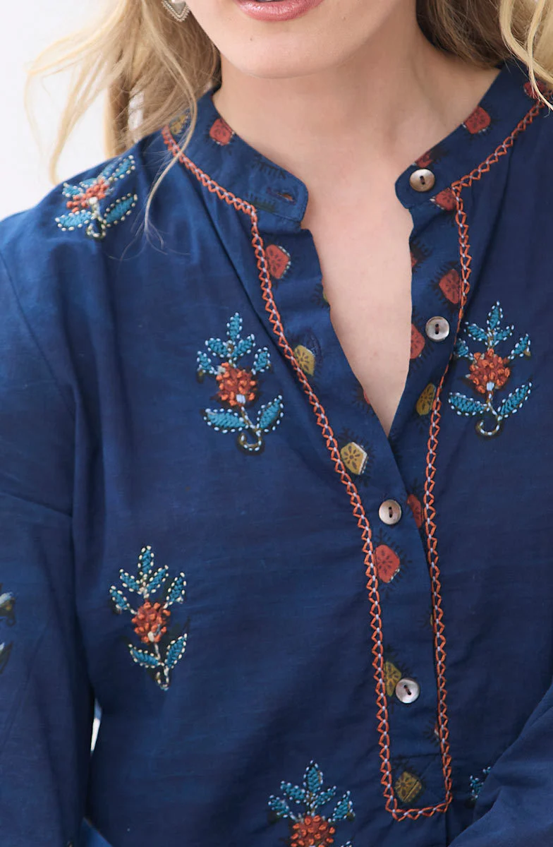 Yamini Roll-Sleeve Shirttail Kurta - Indigo - Image 3