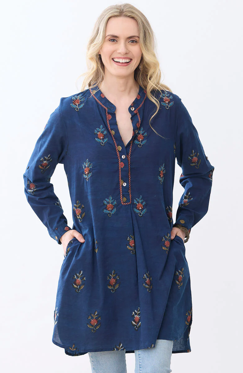 Yamini Roll-Sleeve Shirttail Kurta - Indigo - Image 4