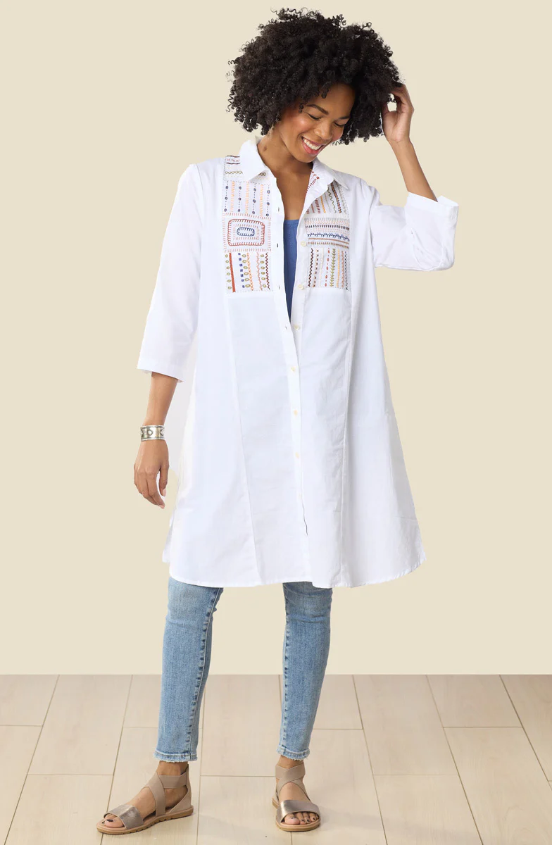 Yasira Organic Cotton Embroidered Long Shirt - White - Image 4