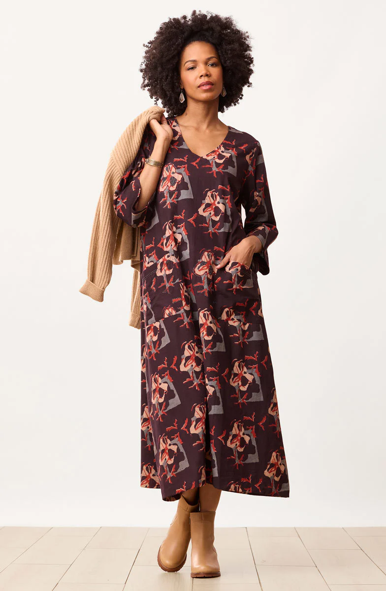 Zarine Natural Dye V-Neck Dress - Black/Multi