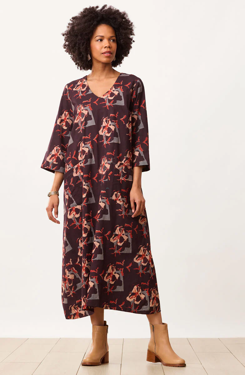 Zarine Natural Dye V-Neck Dress - Black/Multi - Image 3